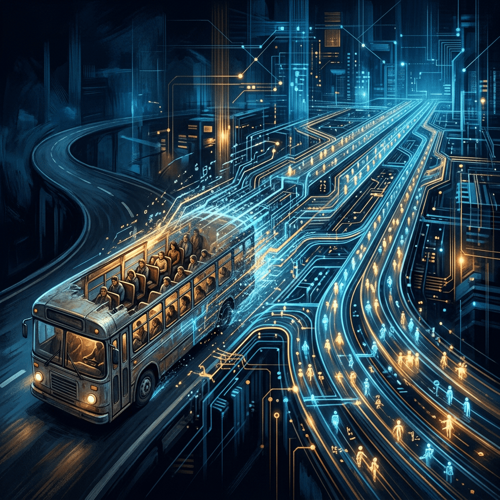 Crowded city bus traveling through a glowing futuristic circuit-like transit network